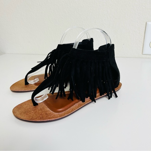 Black Suede Fringe Ankle Zip Up Brown Sole Sandals - Picture 3 of 16